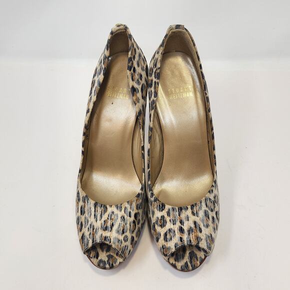 Stuart Weitzman Animal Print Leather Stiletto Peep Toes Heels Pumps Size 7.5 M - Picture 2 of 9
